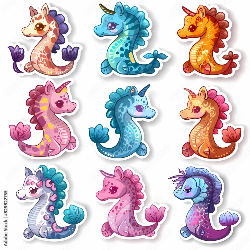 Naklejka premium a Set Cute Hippocampus on a White Canvas Sticker,vector image