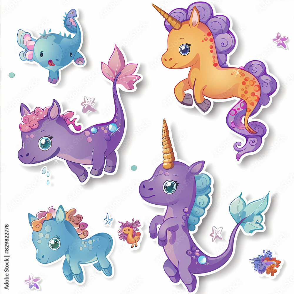 a Set Cute Hippocampus on a White Canvas Sticker,vector image a Set Cute Hippocampus on a White Canvas Sticker,vector image