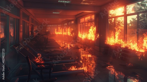 room engulfed in flames with numerous windows providing a view of the fiery chaos within.