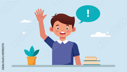 A student proudly raising their hand to answer a question using a newly acquired vocabulary word.. Vector illustration