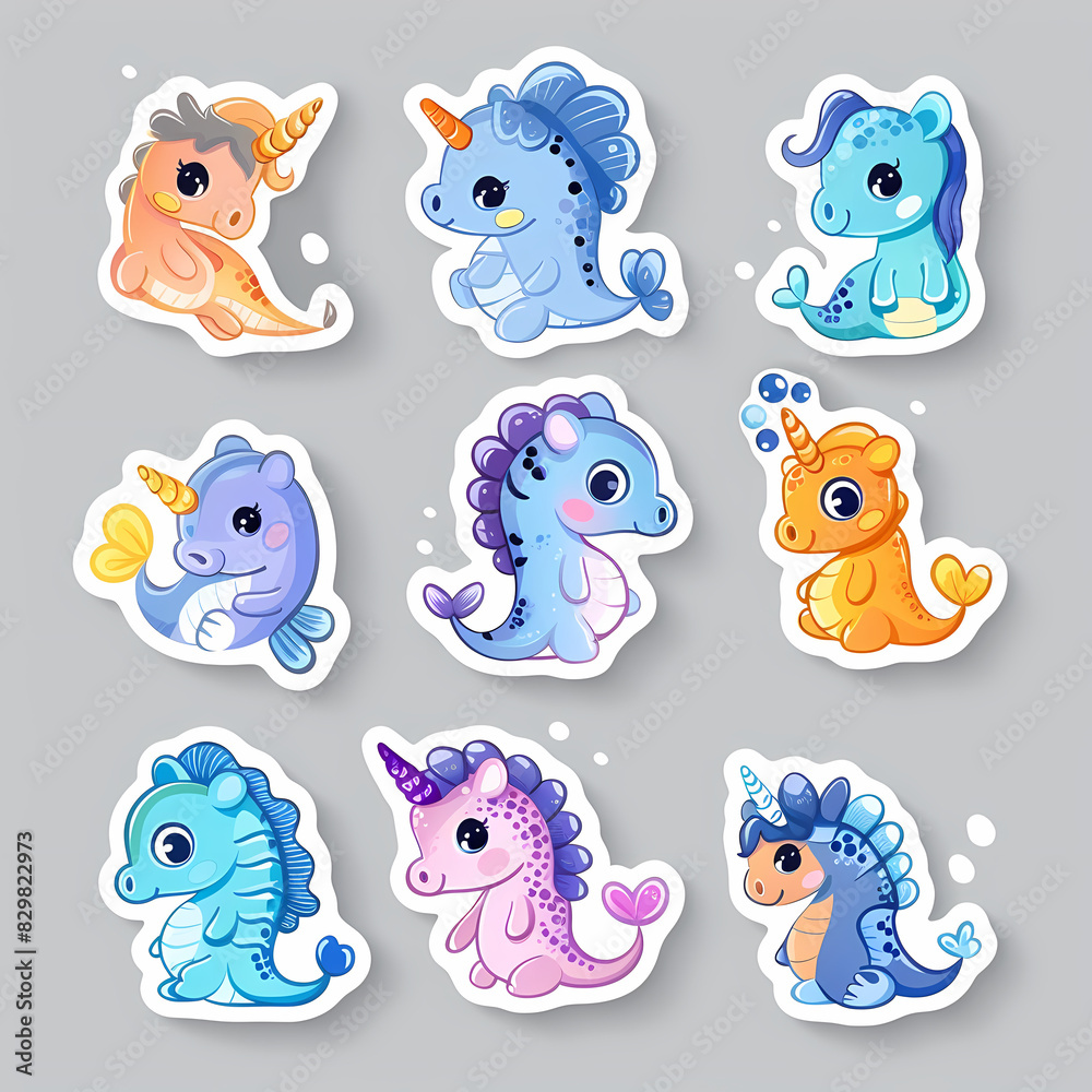 Obraz premium a Set Cute Hippocampus on a White Canvas Sticker,vector image