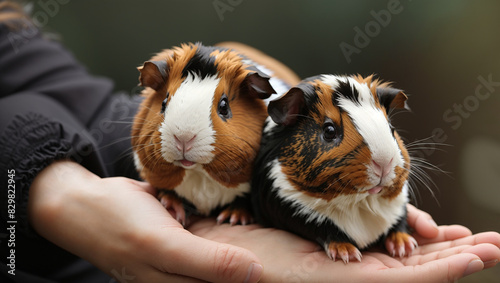 A person is holding a brown and white guinea pig in the palm of their hands. photo