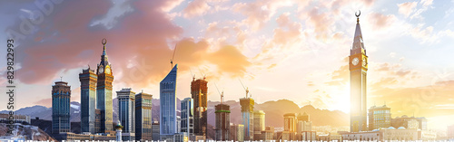 An image of large architectural buildings Sky scrapers Modern Design clouds and sun on a background photo