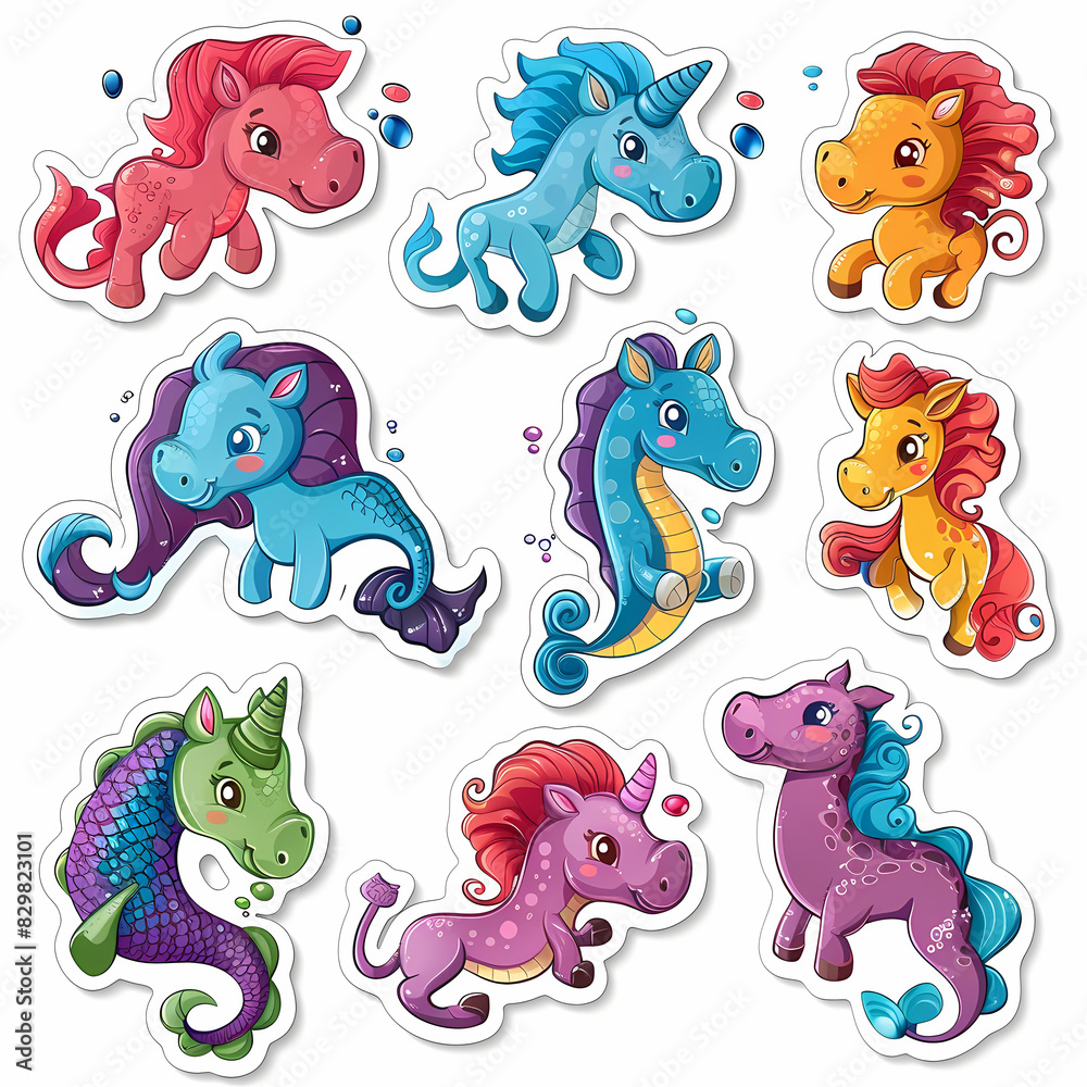 a Set Cute Hippocampus on a White Canvas Sticker,vector image a Set Cute Hippocampus on a White Canvas Sticker,vector image