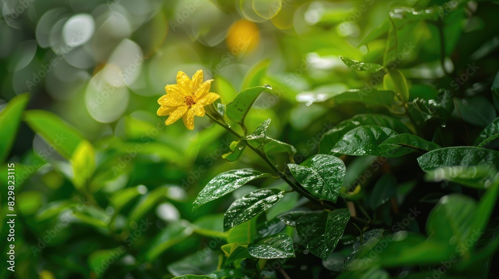 A golden cup vine with a yellow flower among green foliage in a garden