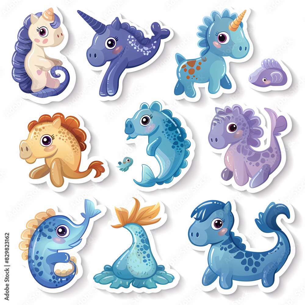 a Set Cute Hippocampus on a White Canvas Sticker,vector image a Set Cute Hippocampus on a White Canvas Sticker,vector image