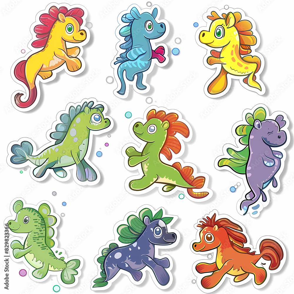 Fototapeta premium a Set Cute Hippocampus on a White Canvas Sticker,vector image