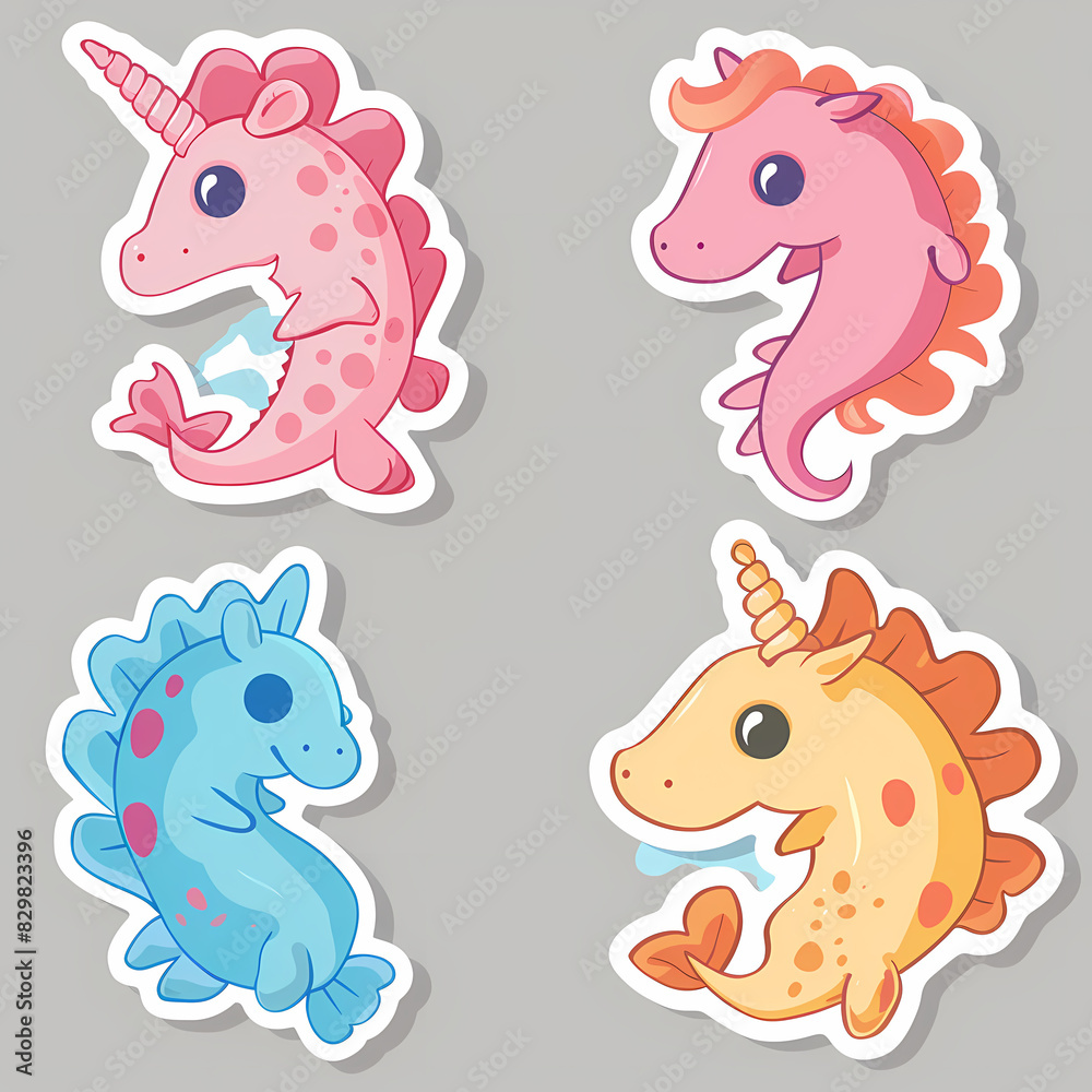 a Set Cute Hippocampus on a White Canvas Sticker,vector image