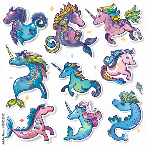 Wallpaper Mural a Set Cute Hippocampus on a White Canvas Sticker,vector image Torontodigital.ca