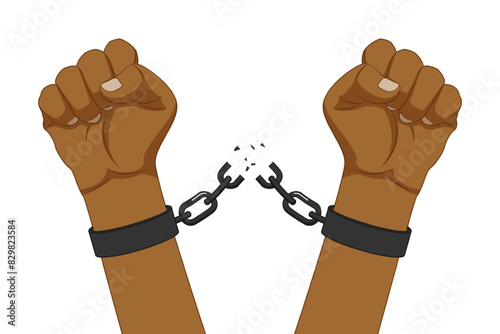Vector illustration of hands breaking handcuffs on transparent background