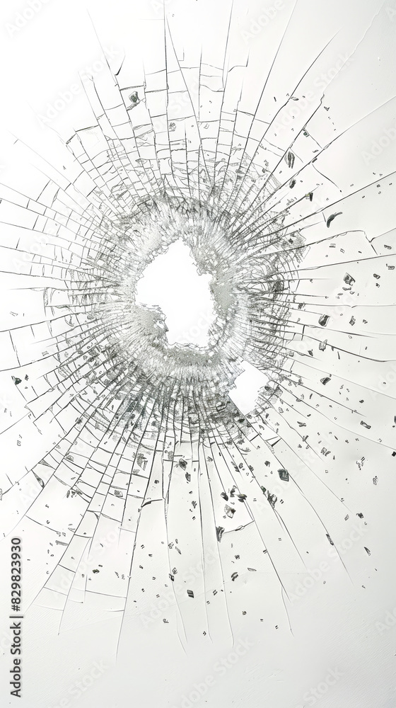 impact de balle dans une vitre en verre blanc, éclats et fissures impact de balle dans une vitre en verre blanc, éclats et fissures