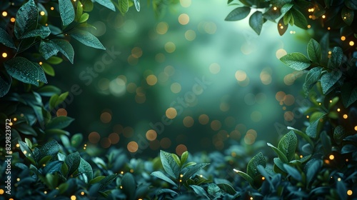 Lush green leaves are illuminated by twinkling lights, creating a magical bokeh effect backdrop