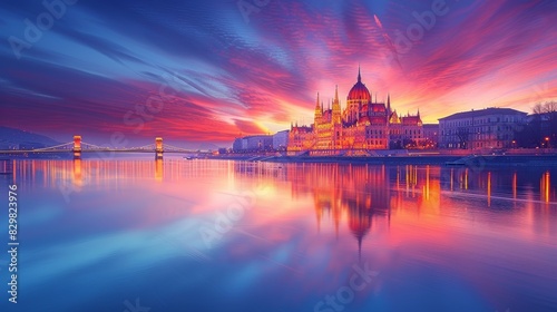 A stunning image showcasing a European parliament building against a vivid sunset and its reflection in water photo