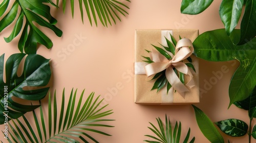 Wallpaper Mural A gift box with a decorative ribbon bow, set on a flat lay solid color background with dried flowers and tropical leaves, featuring ample area for copy Torontodigital.ca