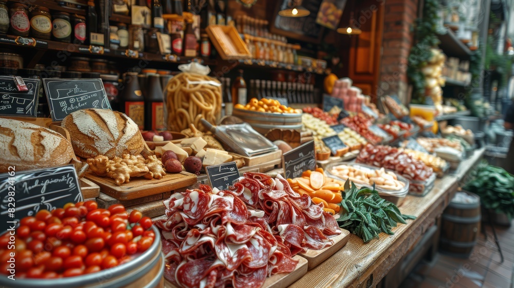 An artisanal deli displays an array of gourmet foods such as cheeses, meats, and fresh bread in a rustic setting