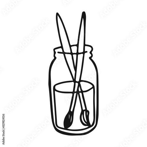 Two Paintbrushes in a Jar of Water With Tassels on White Background