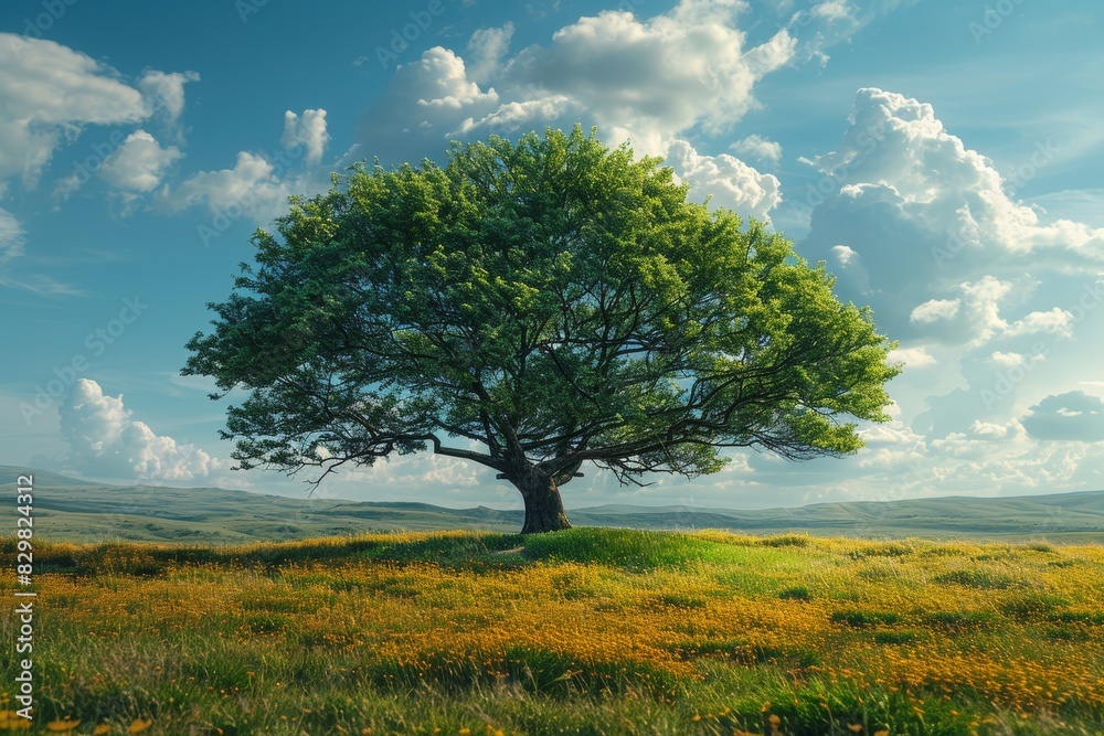 Fototapeta premium Majestic solitary tree stands in a vibrant, lush meadow with fluffy clouds set against a blue sky