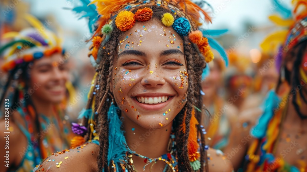 Radiant young woman with colorful carnival makeup and flowers in hair, embodying festival joy