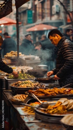 A candid street photography shot of a bustling food market generated by AI