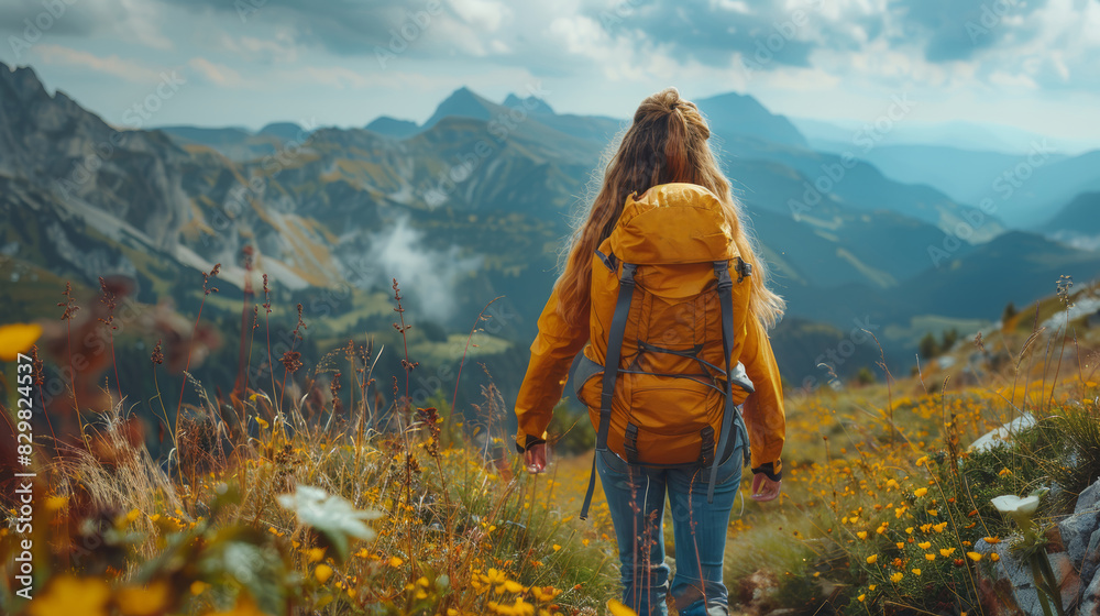 Solo female hiker with a backpack looks out over a stunning mountain landscape, embodying adventure and exploration