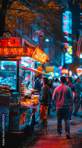 A candid street photography shot of a late-night food cart serving up greasy favorites generated by AI