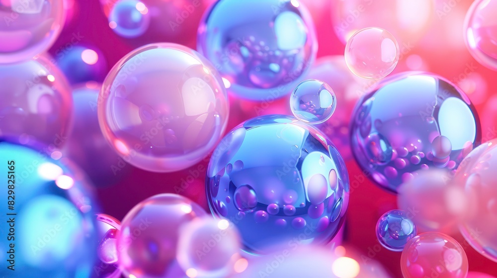 Abstract background of 3d spheres. Modern plastic pastel bubbles. Concept of science physics nano rendering glossy balls.