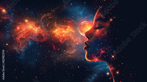 This image shows a vibrant silhouette of a face profile blended with a cosmic scene of stars, nebulae, and cosmic dust, giving a feel of the universe within