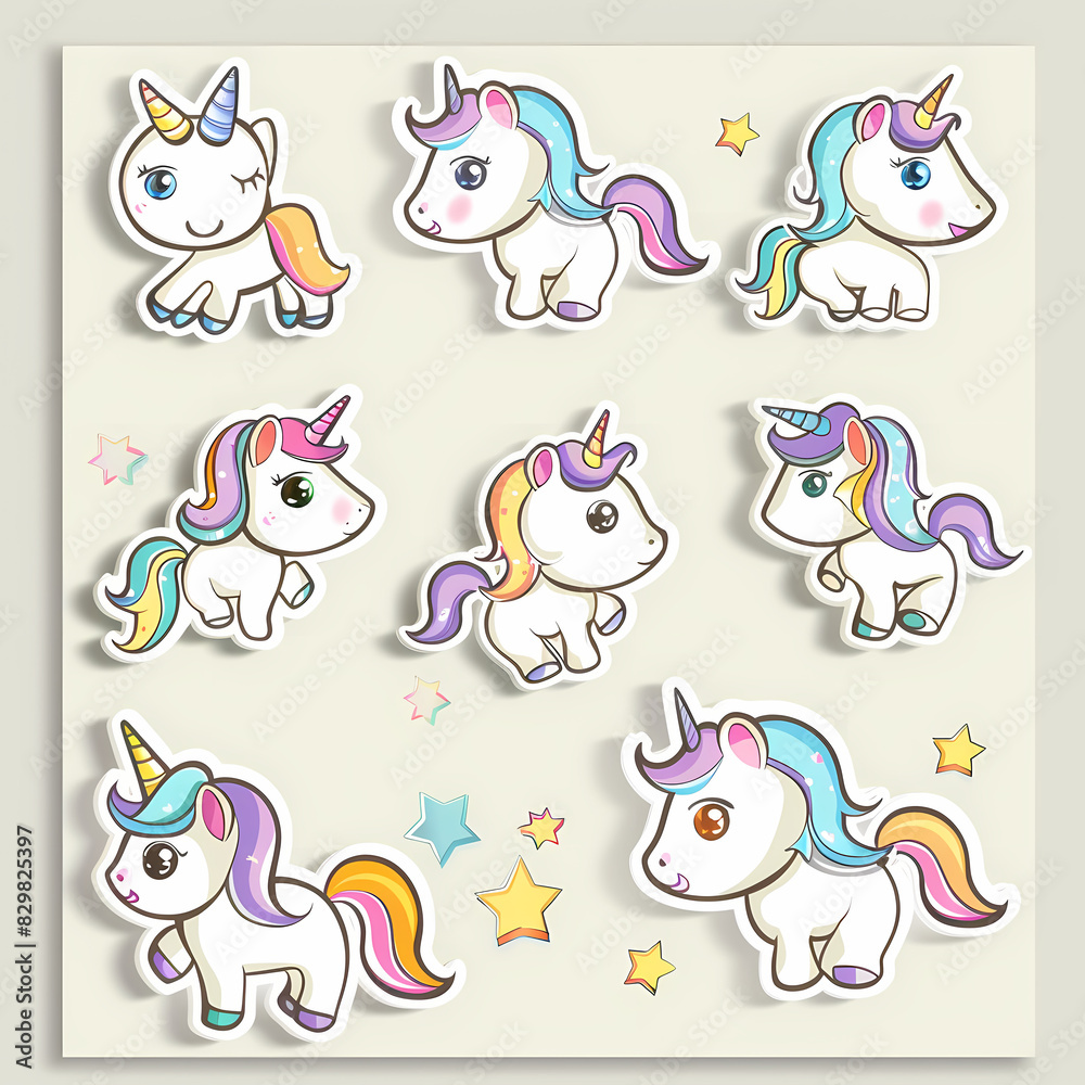 Fototapeta premium a Set Cute unicon on a White Canvas Sticker,vector image