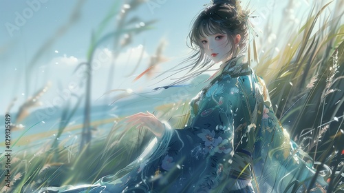Beautiful Chinese girl wearing blue and green floral Hanfu, standing in the grassland with tall reeds, illustration photo