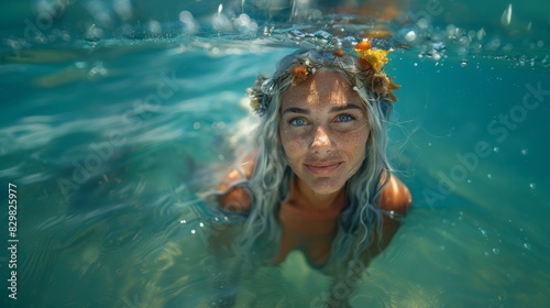 A serene woman with blue eyes and flowers in her hair, half-submerged in crystal clear water