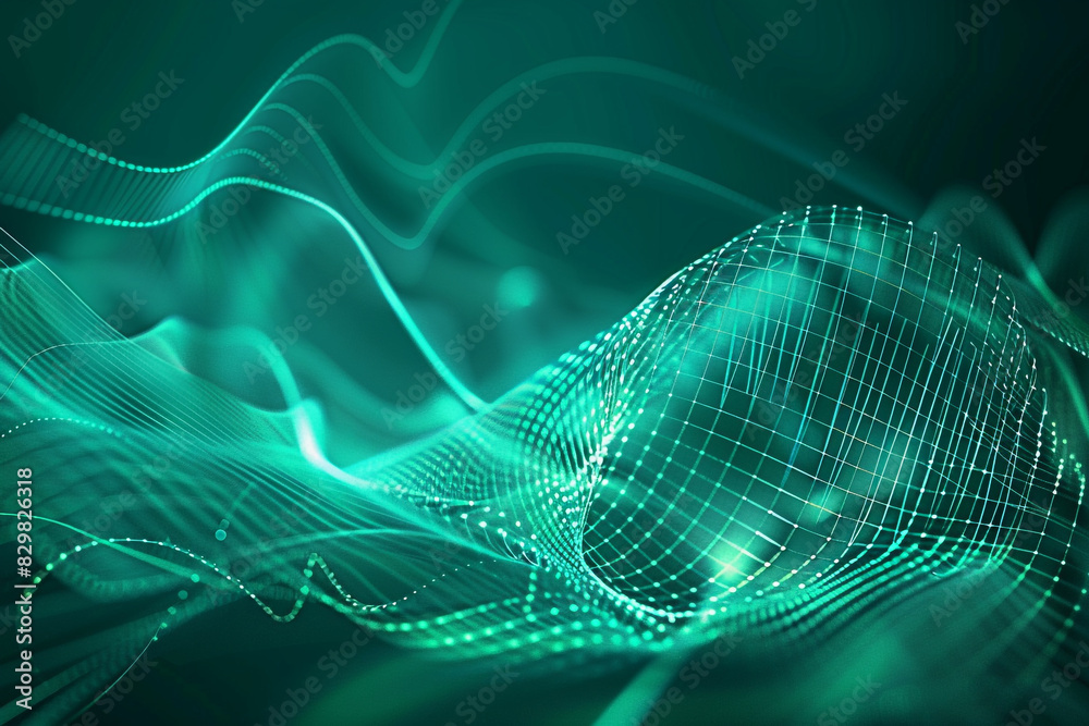 Motion and fluidity showcased in a teal and aquamarine particle line wave tech background.