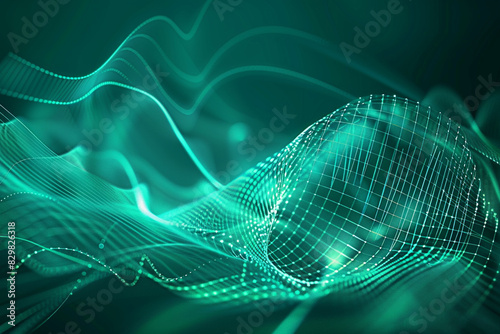 Obraz na płótnie Motion and fluidity showcased in a teal and aquamarine particle line wave tech background. w salonie