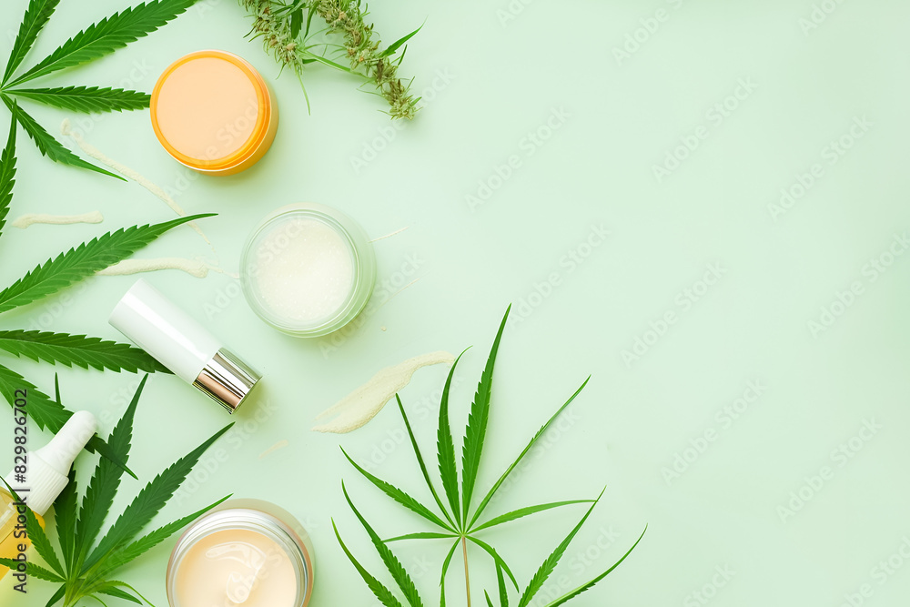 Hemp-infused cosmetics on a pastel green background with copy space Hemp-infused cosmetics on a pastel green background with copy space