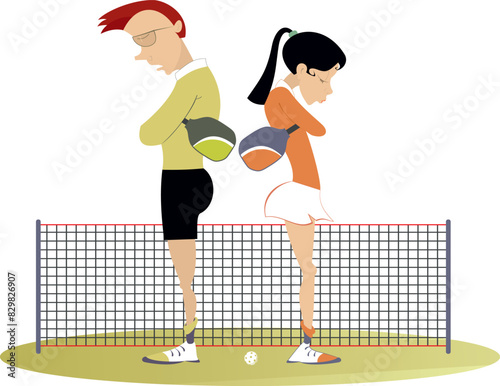 Pickleball court. Quarrel between players.
Upset young man and woman standing back to back with down hands on the court for picklball
