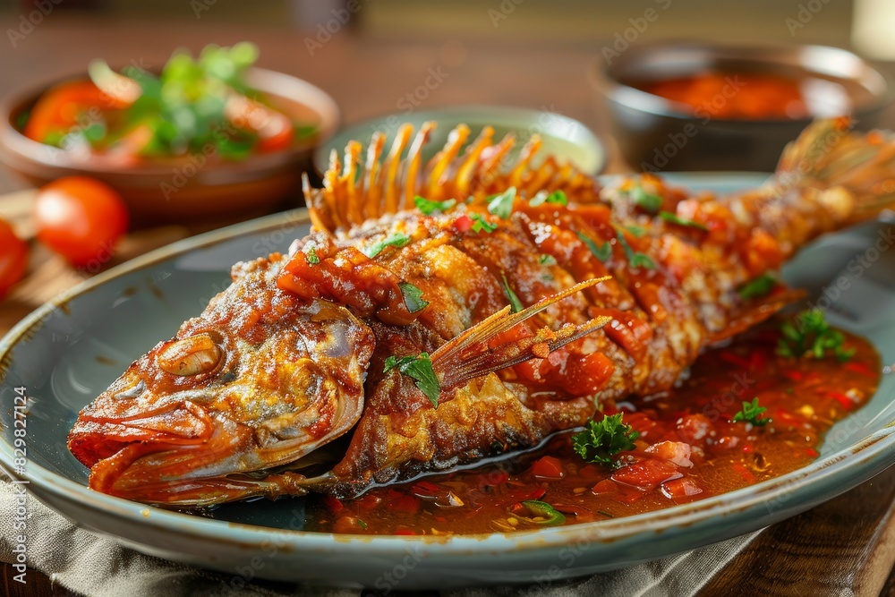Fine dining experience. Savoring luxurious fried fish with exquisite sauce Fine dining experience. Savoring luxurious fried fish with exquisite sauce