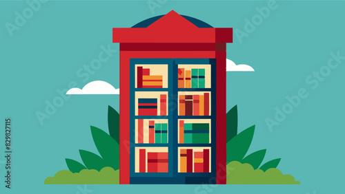 A vintage telephone booth no longer in use for calls now transformed into a charming neighborhood book exchange box with shelves of books lining the walls.. Vector illustration