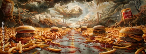 A surreal image of a fast-food paradise, with mountains of burgers generated by AI