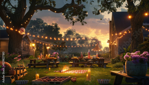 Backyard BBQ with cornhole  sunset turning to night  festive lights  detailed food and game  lively atmosphere