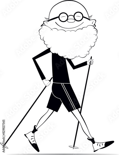 Happy old man doing Nordic walk. 
Cheerful senior man doing Nordic walk outdoors. Black and white illustration
