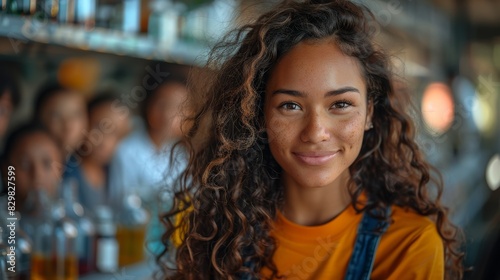 Close-up of an engaging curly-haired young woman smiling genuinely in a social setting