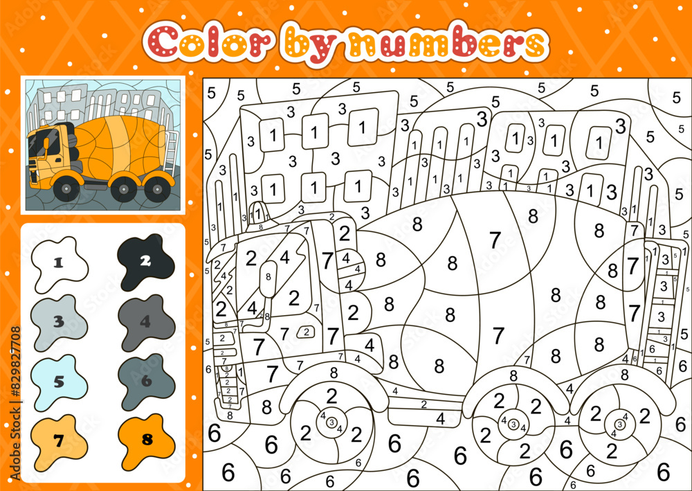 Obraz premium Car themed coloring page by number for kids with concerete mixer car truck, printable educational worksheet in cartoon style
