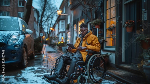 An individual in a wheelchair wearing a vibrant yellow coat uses a digital tablet on a picturesque winter street