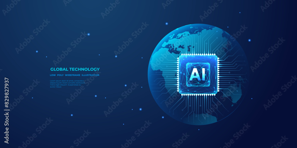 Abstract digital blue globe and AI chip in the center. Technology innovation background. AI processor with circuit roads in light blue with bright neon effect. Futuristic polygonal vector illustration Abstract digital blue globe and AI chip in the center. Technology innovation background. AI processor with circuit roads in light blue with bright neon effect. Futuristic polygonal vector illustration