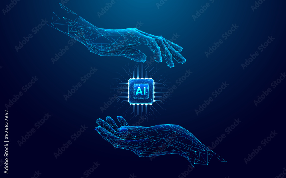 Abstract digital AI chip between human tech wireframe palms. Artificial intelligence technology background. Protection of semiconductor or microchip. Low poly wireframe vector illustration. Tech bg.