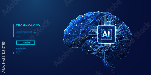 Abstract digital brain with AI chip and circuit in blue. Technology innovation background. Futuristic tech bg. AI microchip or semiconductor with neon glowing effect. Vector illustration of processor.