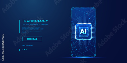 Abstract digital light blue AI chip on the empty smartphone screen. Technology innovation background. AI tech concept. Processor with circuit lines and letters A and I. Low poly vector illustration. (ID: 829827925)