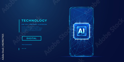 Abstract digital light blue AI chip on the empty smartphone screen. Technology innovation background. AI tech concept. Processor with circuit lines and letters A and I. Low poly vector illustration.