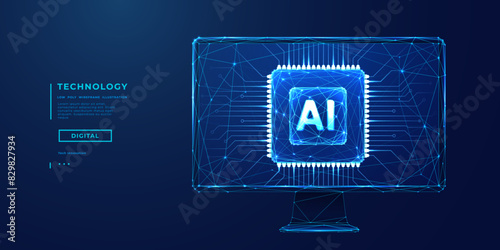 Abstract digital AI chip on the empty computer monitor. AI innovation concept. Technology blue background. Light blue processor and circuit lines on tech bg. Low poly wireframe vector Illustration.