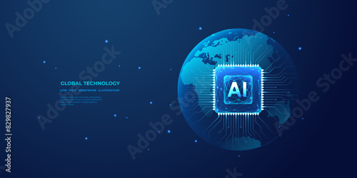 Abstract digital blue globe and AI chip in the center. Technology innovation background. AI processor with circuit roads in light blue with bright neon effect. Futuristic polygonal vector illustration (ID: 829827937)