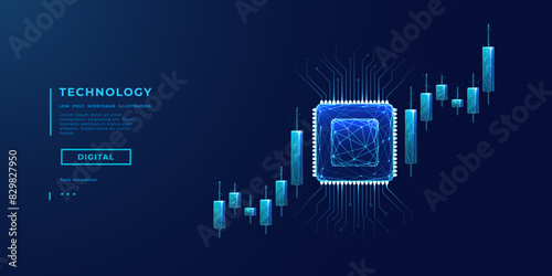 Trade AI concept. AI chip, abstract digital stock market japanese candlesticks in blue on technology background. Finance and investment tech bg. Forex with artificial intelligence innovation. Vector (ID: 829827950)